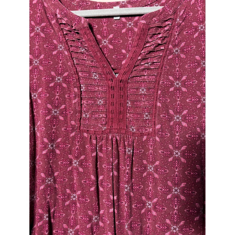 Daniel Rainn Women's XL Burgundy Floral Pintuck Pleat Split Neck Blouse - Picture 6 of 13